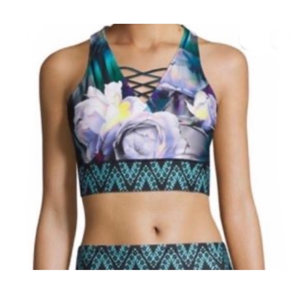 Nanette Lepore Floral Lace Up Back Sports Bra Athletic Tank Top M